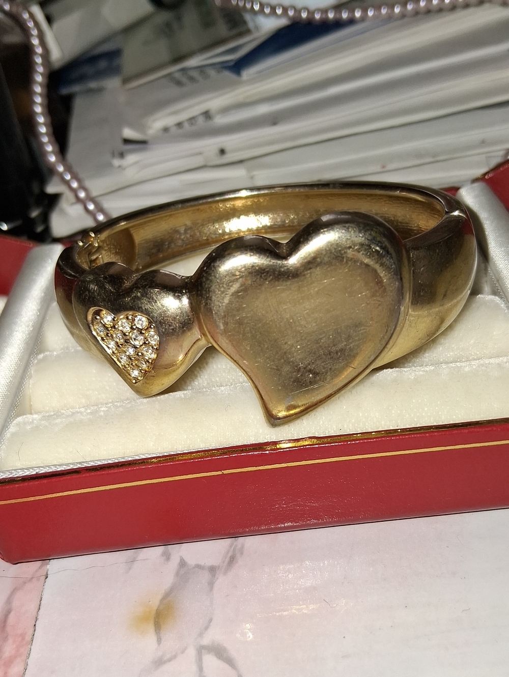 Source Unknown Gold Heart Hinged Bangle Bracelet with Pavé Accent